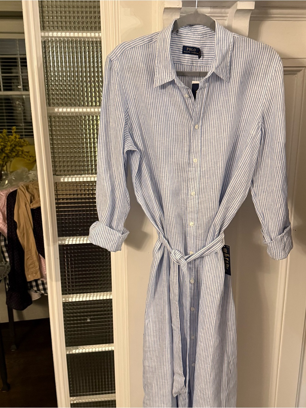 Polo Ralph Lauren Blue/white Linen Shirt Dress Fit /Flare Long Sleeves Sz 14 NWT - Picture 4 of 13